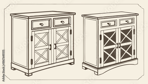 Rustic Farmhouse Storage Cabinets Line Drawing for Interior Design Catalog or Furniture Web Store Display