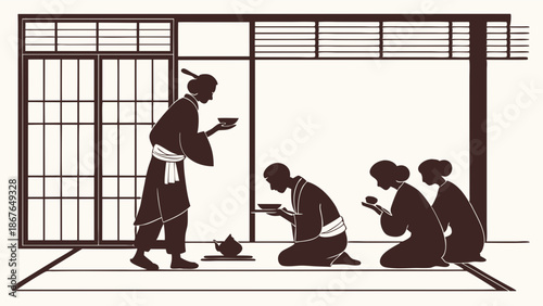 Traditional Japanese Tea Ceremony Serving Guests in Serene Tatami Room for Cultural Website Design or Hospitality Promotion