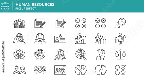 Pixel perfect editable stroke human resources vector line icon set featuring recruitment, team management, career development, and corporate business concepts.