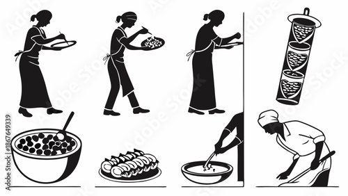 Silhouetted Women Preparing and Serving Traditional Food Dishes for Catering or Restaurant Service