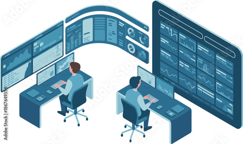 Isometric data monitoring control room illustration, analysts working on dashboards, real time analytics screens, technology operations center, digital security workspace
