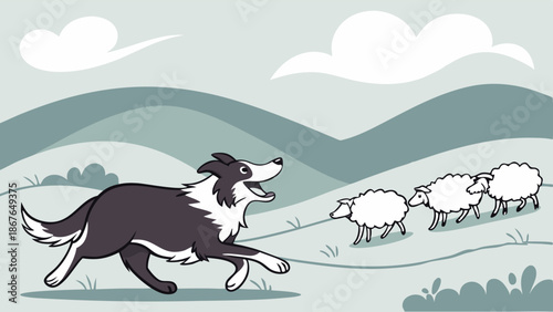 Energetic Border Collie Herding Sheep Uphill on Green Pasture for Agriculture and Livestock Management Illustration (139 characters)