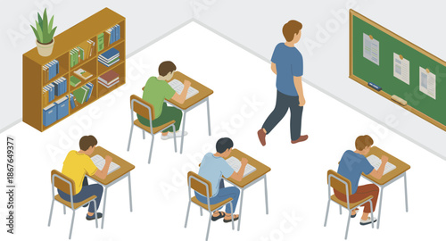Isometric classroom illustration, students taking exam test, teacher supervising classroom, education concept, school interior scene, learning assessment environment