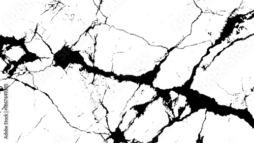 Cracked marble surface with black veins and white background  natural stone texture