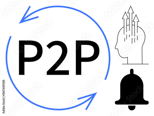 P2P concept. P2P with circular arrows, a growth mind silhouette, and a notification bell signifying peer-to-peer efficiency and collaboration. For fintech, sharing economy, and communication apps