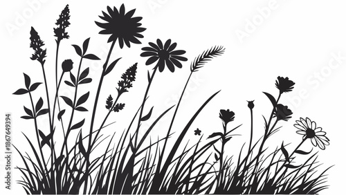 Wildflower Meadow Silhouette for Spring Summer Nature Design Garden Ecology Website Banner Background Graphic Element