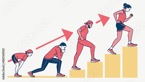 Fitness Progression Illustration Woman Man Climbing Stairs Showing Growth Achievement for Health and Wellness Websites