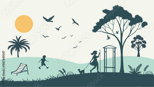 Summer Park Scene Woman Walking Dog Child Playing Under Sunny Sky Silhouette for Leisure Lifestyle Web Design