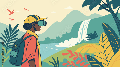 Adventurous Traveler Wearing VR Headset Exploring Lush Tropical Waterfall Landscape for Virtual Tourism and Education