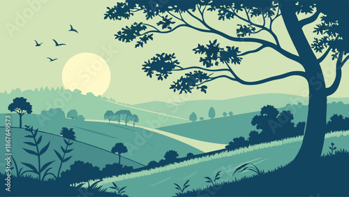 Serene Sunrise Landscape for Nature Retreat Website Background Calm Countryside Hills Illustration for Travel Brochures