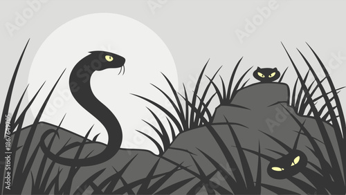 Ominous Black Snake and Hidden Eyes in Grassy Night Landscape for Suspense Thriller Web Design or Danger Warning Graphics