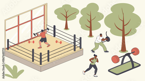 Outdoor Fitness Training Diverse People Boxing Running Weightlifting Workout for Health and Wellness Website Design
