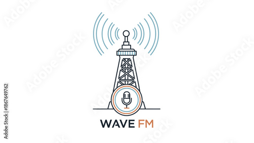 Radio Transmission Tower Emitting Waves with WAVE FM Text Isolated White Background