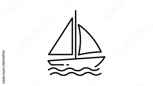 Simple Sailboat Outline with Gentle Waves Isolated White Background