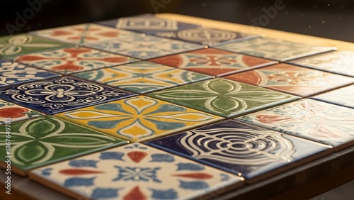 Vibrant colorful tiles on tabletop surface.