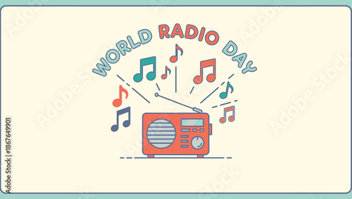 Cute Red Vintage Radio with Musical Notes Celebrating World Radio Day on a Light Background