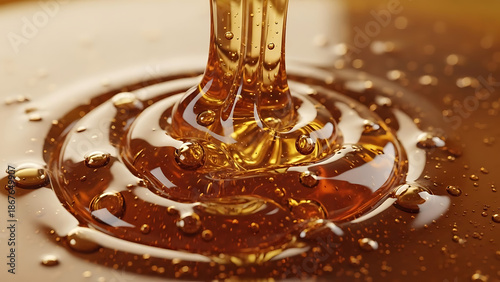 A close-up view of golden syrup pouring and creating ripples on a smooth surface