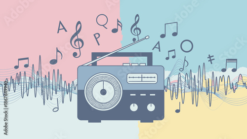 Blue Radio Playing Music with Musical Notes, Sound Waves, and Equalizer on a Creative Dynamic Background.