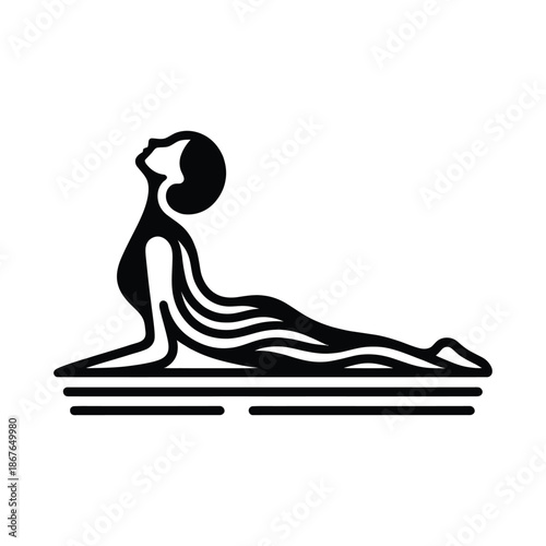 Black cobra pose yoga silhouette with flowing lines bhujangasana black and white desi