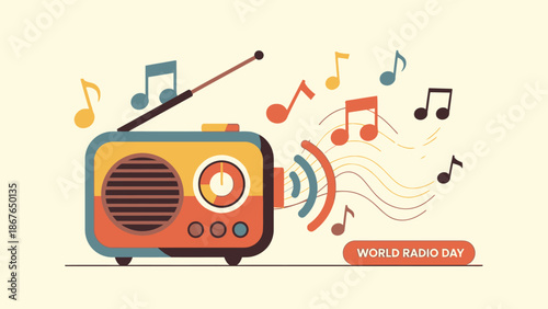 Colorful Vintage Radio with Music Notes and Sound Waves Celebrating World Radio Day on a Bright Beige Background.