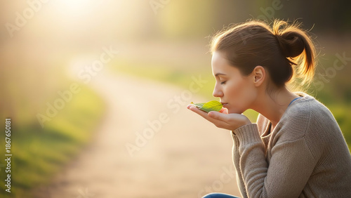 Young woman gently holding bird and looking affectionately in park  