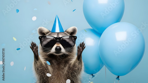 Raccoon in party hat and sunglasses celebrates with blue balloons