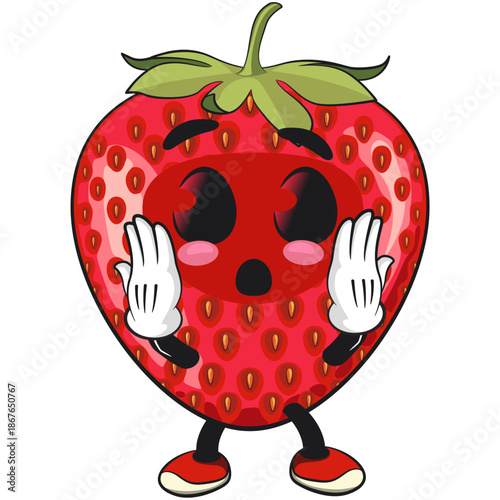 cute strawberry cartoon mascot character surprised vector illustration, work of hand drawn