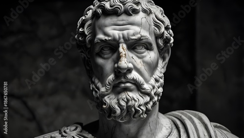 Ancient Roman emperor marble statue, stern face, thick beard, cracked marble texture, low-key lighting, monochrome black and white