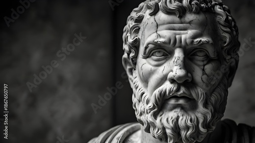 Ancient Roman emperor marble statue, stern face, thick beard, cracked marble texture, low-key lighting, monochrome black and white