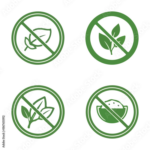 Prohibition signs against leafy plants and pollution isolated on white background.