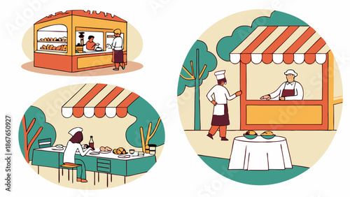Chefs Selling Gourmet Food at Outdoor Street Food Stalls Market Booths Catering Event Summer Festival