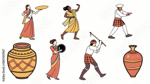 Diverse Cultural Figures Dancing Performing with Pottery for Global Heritage Website Design and Travel Promotion