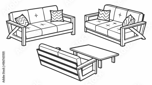 Rustic Wood Futon Sofa Set and Coffee Table for Cozy Living Room Furniture Design Mockup