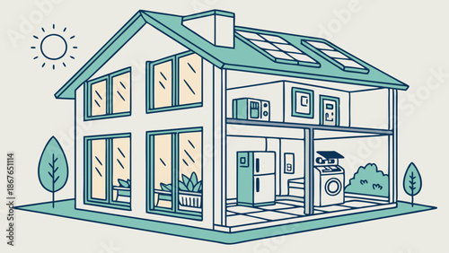 Eco-Friendly Smart Home Cross Section Showing Solar Panels Appliances and Modern Interior Design for Green Living Websites