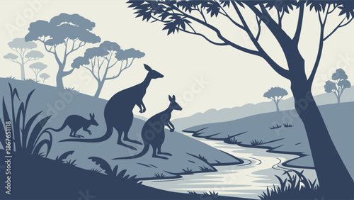 Australian Kangaroos Drinking Water by Creek in Stylized Silhouette Landscape for Nature Brochures and Travel Web Design