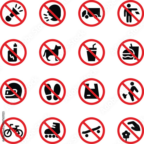 prohibition, sign, icon, symbol, red, black, solid, vaping, pet, dog, eating, drinking, bicycle, skate, truck, litter, shout, noise, helmet, bag, footprint, flower, forbidden, regulation, warning, cau