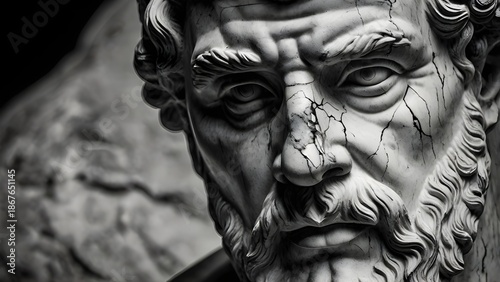 Roman emperor marble statue, stern face, thick beard, cracked marble texture, low-key lighting, monochrome black and white