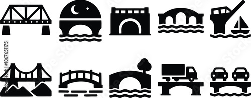 bridge, architecture, icon, set, structure, transportation, vehicle, car, highway, water, river, crossing, design, graphic, vector, illustration, symbol, sign, collection, flat, style, silhouette, iso