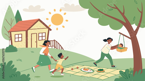 Family Picnic Fun Outdoors Sunny Day Setting Up Blanket Happy Mother Child Baby Swing Relaxation Summer Lifestyle Illustration