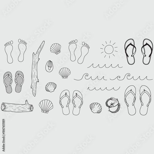 Black and white of bare feet, flip flops, seashells, driftwood, and a sunny beach scene