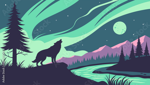 Wolf Howling at Aurora Borealis Under Full Moon Over Pine Forest River Landscape for Travel Adventure Design