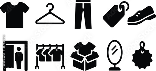 clothing, fashion, store, retail, icon, set, hanger, clothes, rack, trousers, shoes, price tag, box, t-shirt, mirror, fitting room, shop, sale, wear, accessory, design, element, graphic, vector, illus