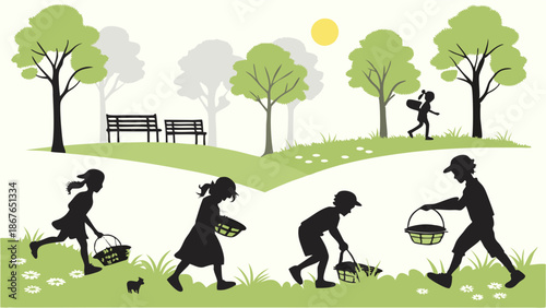 Children Silhouettes Picking Flowers and Gathering Baskets in Sunny Spring Park for Easter or Nature Education Design