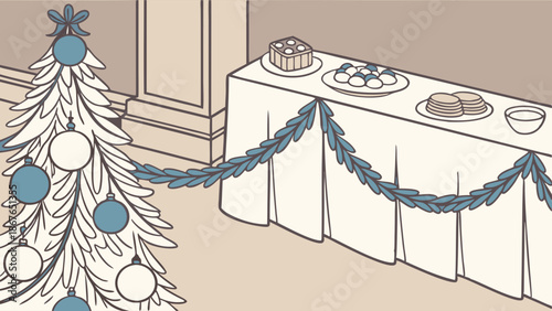 Festive Christmas Holiday Party Buffet Table with Decorated Tree for Seasonal Event Promotion and Winter Celebration Design