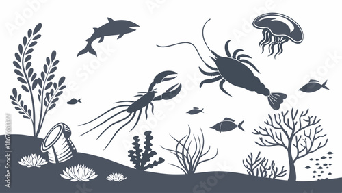 Underwater Sea Life Silhouette Collection for Ocean Ecology Education Marine Biology Design Projects