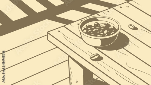 Rustic Coffee Beans in Bowl on Wooden Table Outdoor Cafe Setting Warm Sunlight for Cafe Menu Design or Morning Refreshment Promotion (159 characters)