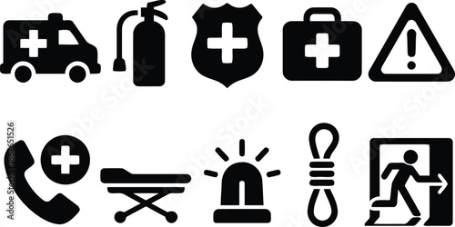 emergency, safety, icons, black, white, isolated, vector, ambulance, fire extinguisher, police, shield, first aid, kit, warning, sign, phone, stretcher, siren, rope, exit, security, crisis, health car