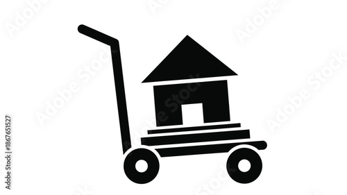 A black and white icon depicting a house shape on a hand truck or dolly