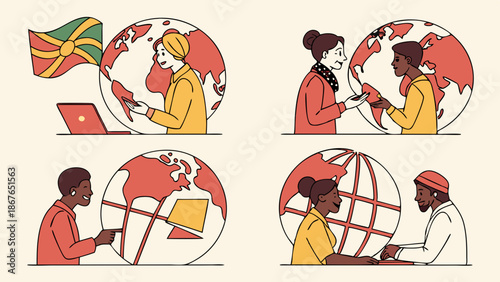 Diverse Global Team Connecting Through Digital Devices for International Remote Work and Cross-Cultural Communication Success