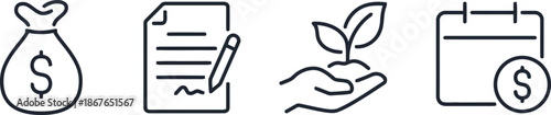 finance, money, business, icons, set, vector, investment, contract, growth, payment, financial, accounting, banking, payment date, symbol, outline, line, bag, dollar, sign, document, pen, leaf, plant,